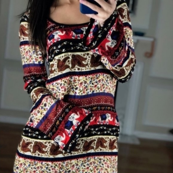 Abercrombie & Fitch Boho Red Elephant Long Sleeve Dress S - Picture 7 of 12